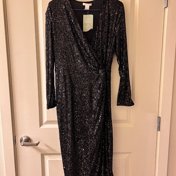 NEW H&M Womens Sequin Black faux wrap dress size S - Picture 2 of 5